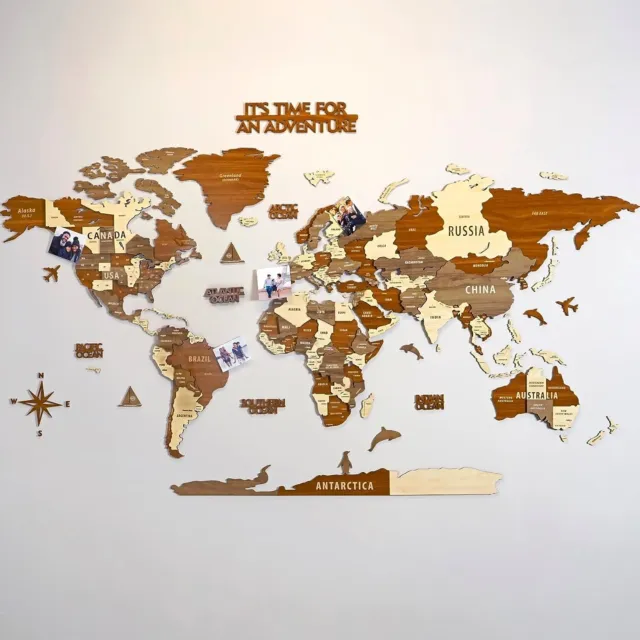 NEW_3D - Mappa Del Mondo in Legno Multistrato con Stati e Capitali, Decorazione