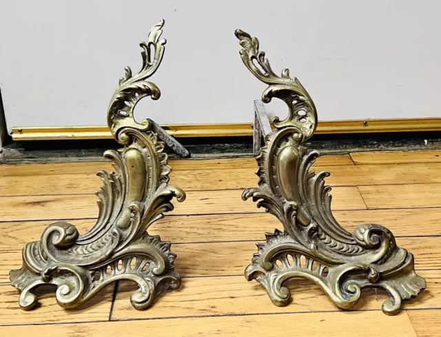 Antique Brass Rococo Styled Early 20th Century Andirons Pair - 13 inches tall