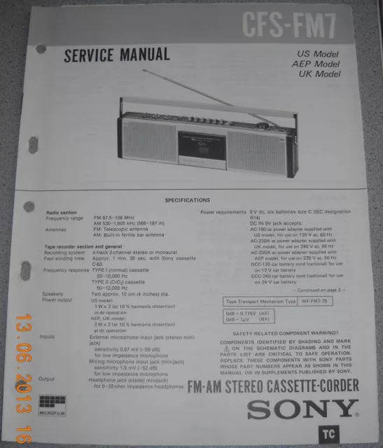 SONY CFS-FM7 2-Band Stereo Cassette-Recorder Service Manual
