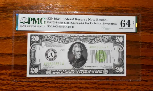 1934 $20 Federal Reserve Note Light Green 💲 PMG 64 EPQ ~ Boston