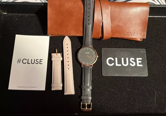 NEW Cluse La Boheme Women’s Watch Rose Gold Black Dial Black/Gray Leather Bands