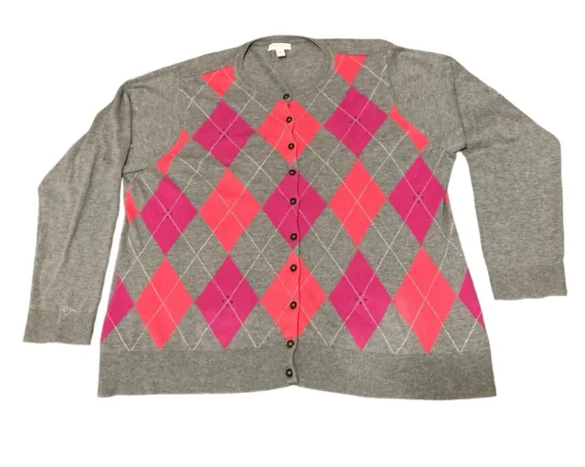 Charter Club  Womens Cardigan Sweater Size 3XL Gray Pink Argyle Print Button Up