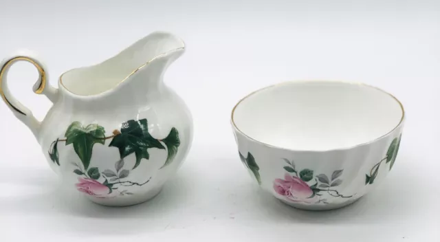 Vintage Crown Staffordshire Creamer and Sugar Bowl Set Pink Rose & Vines England