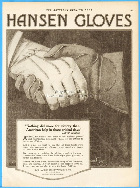 1919 Hansen Gloves Ad Milwaukee WI Post WWI Lloyd George Quote Handshake Art