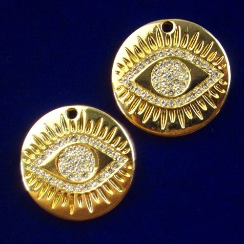 2Pcs Tibetan Gold Rhinestone Evil Eye Round Pendant Bead 22x2mm F45711