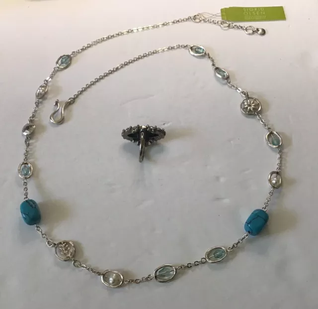 SIGRID OLSEN STONES Glass Metal Beaded Necklace and Ring 28” Turquoise ...