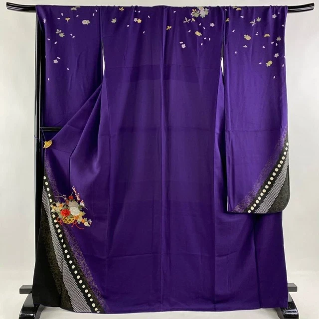 Japanese Kimono Furisode Pure Silk Flower Basket Flowering Arabesque Purple