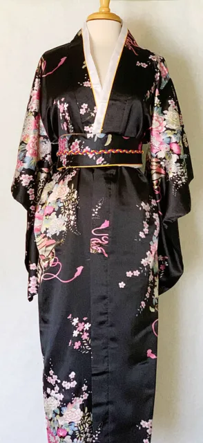Japanese Yukata Kimono Geisha Cosplay Robe Dress W Obi in Cherry Blosssom Print