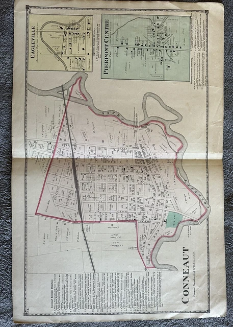 Conneaut Ohio 1874 original colored map. Shows homeowners names.