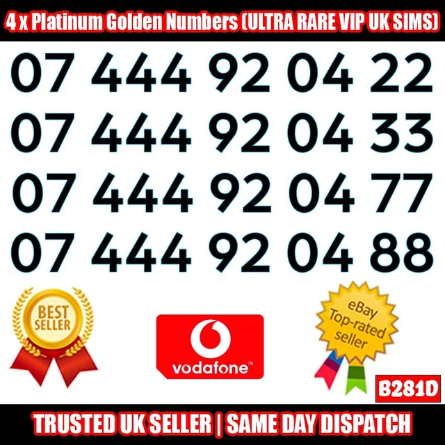 4 x schede SIM VIP UK numeri d'oro platino (migliori per azienda/azienda) - B281D