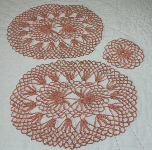 Three Hand Crocheted Doilies, Cotton, Flower Design, Peachy Pink 3