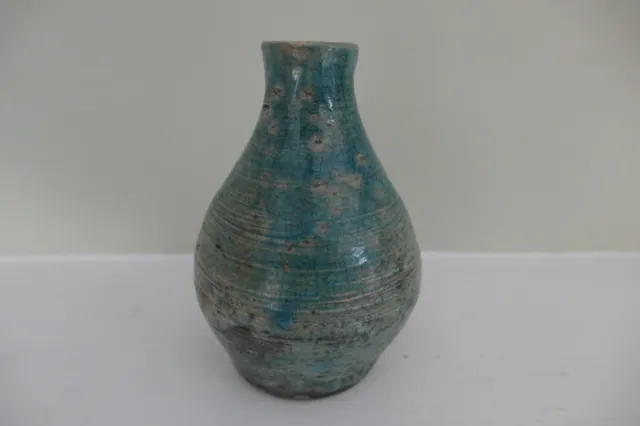 11.5 Cm High Turquoise Crackle Glaze Raku Style Art Studio Pottery Vase