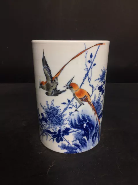 Chinese Blue&white Porcelain Hand-Painted Exquisite Flower&Bird Brush Pots 19803