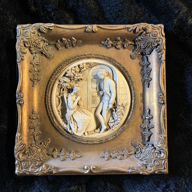 ENRICO BRAGA MARBLE Bas Relief Lovers Couple Plaque Antique gilt frame