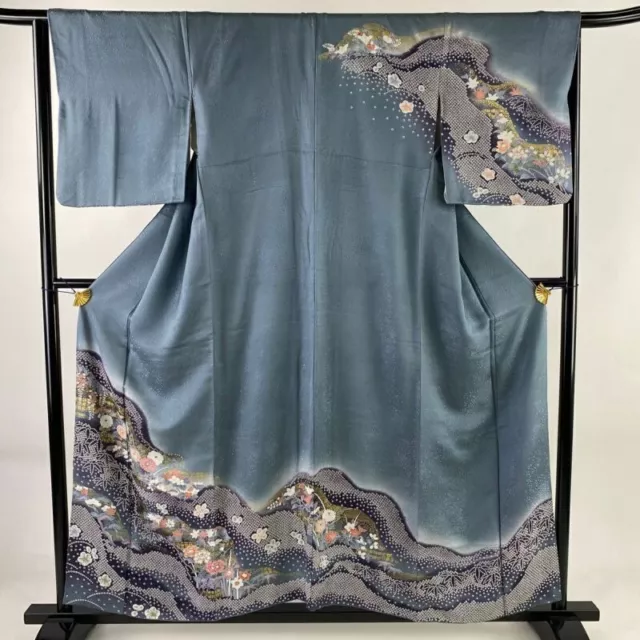 Woman Japanese Kimono Houmongi Silk Pine Plum Chrysanthemum Gold Foil Gray