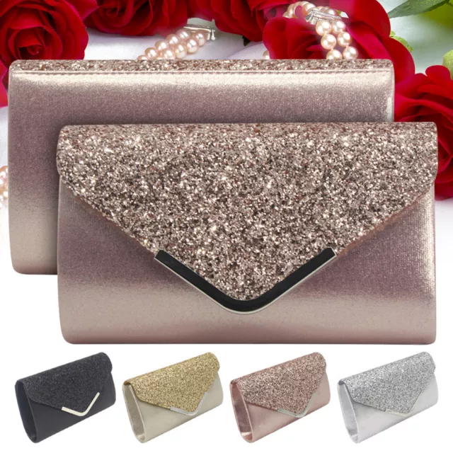 Women Glitter Shimmer Clutch Bag Glamour Ladies Wedding Party Prom Purse UK!