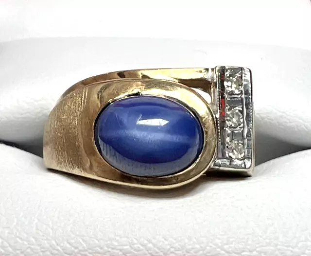 Vintage Mens 14k Yellow Gold Lindy Star Sapphire Diamond Ring