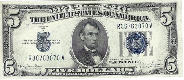 1934-D $5 Dollar Blue Seal Silver Certificate