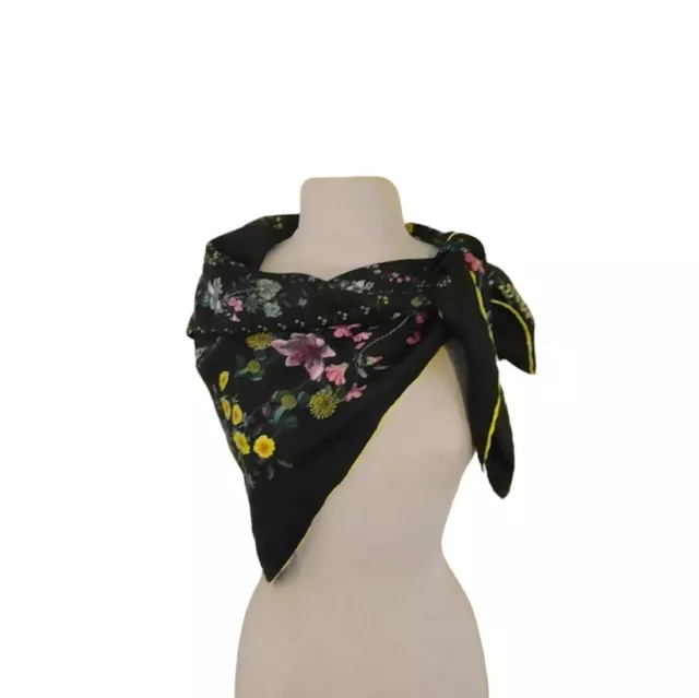 TED BAKER LONDON 100% Silk Scarf Colorful Flowers On Black | Rolled Hem 35"x 35"