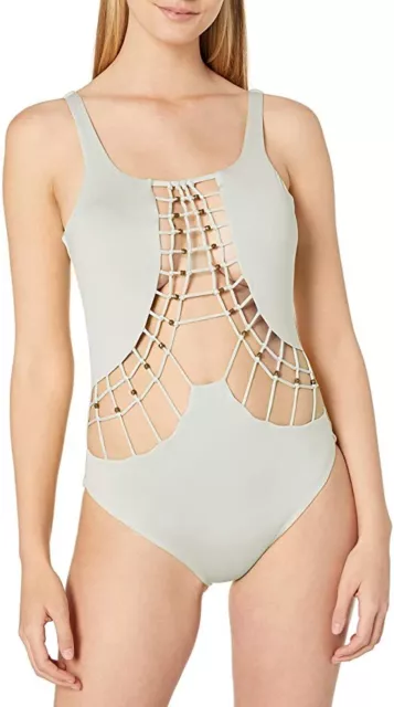 Dolce Vita Swimsuit Sz XS Cut Out Macrame One Piece Gray Neon Cheeky Bottom