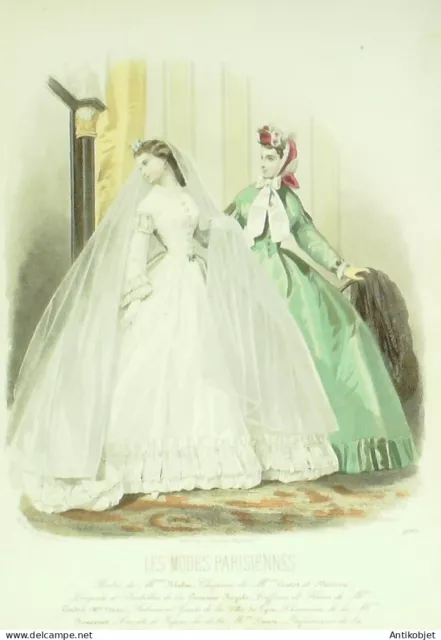 Gravure Modes parisiennes 1864 n°1095 Robe de mariée et en lin