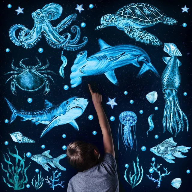 4 Pieces Glow in The Dark Ocean Wall Decals Under The Sea Wall Decals Fish Wa...