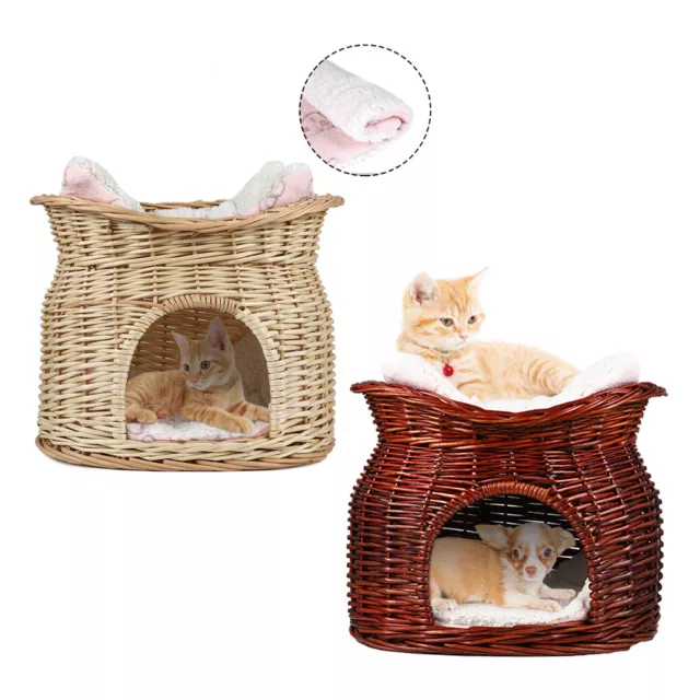 2 Tier Pet Bed Basket For Cat/Puppy Small Dog Igloo Wicker House Soft Cushion