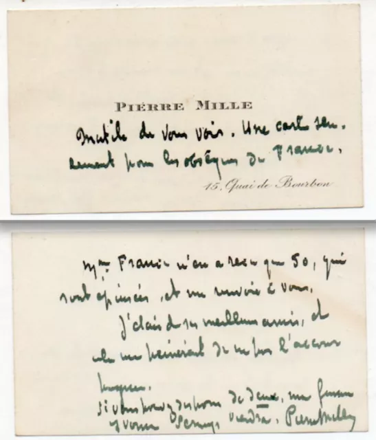 autographe de Pierre Mille.Ecrit et signé sur sa carte de visite.Ecrivain