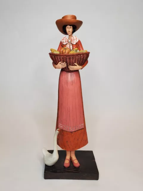 Tall Woman With Harvest Basket & Goose, Figurine, Unique, Fall, Garden