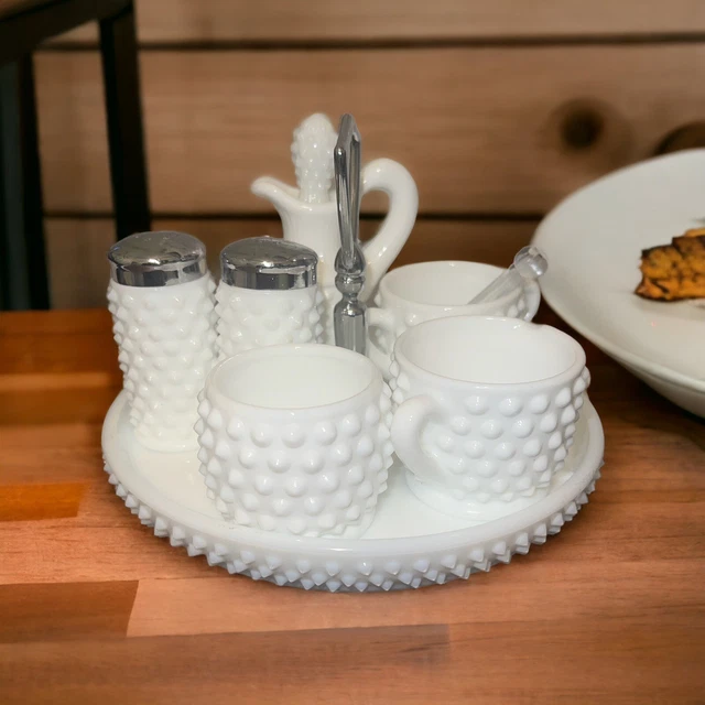 Rare Vintage Fenton Hobnail White Milk Glass 10-Pc Condiment Set on Round Tray *