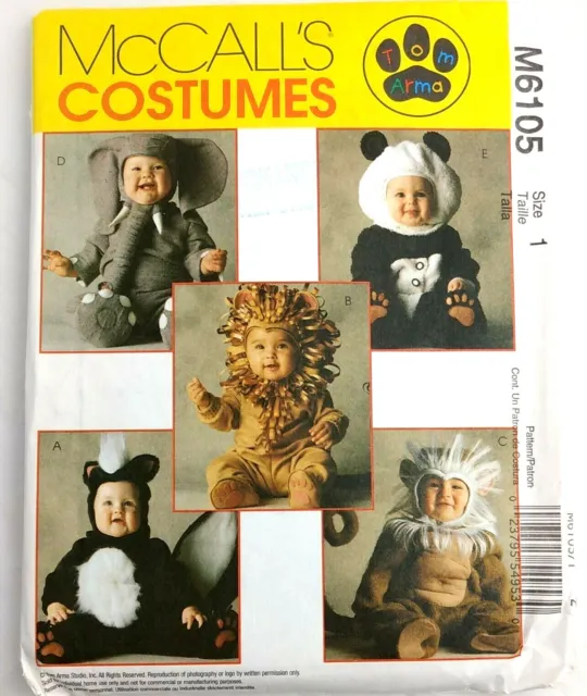 McCalls Costumes M6105 Size 1 Elephant Panda Lion Skunk Monkey FF