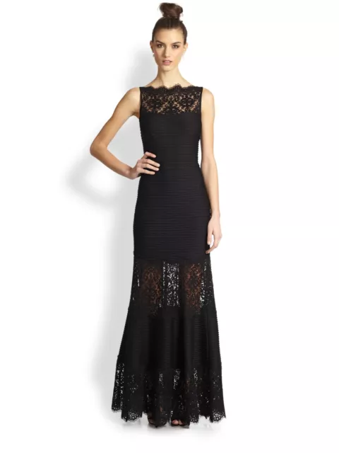 Tadashi Shoji Embroidered Illusion Lace Pintuck Jersey Black Dress Gown