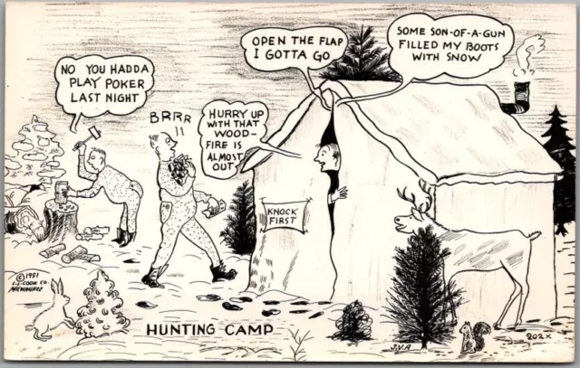 Vintage Hunting Comic Postcard "HUNTING CAMP" Artist-Signed S.V.A. / 1951 Unused