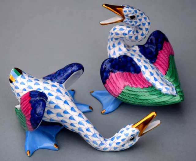 Herend Blue Fishnet Geese "2" Honking at one another, Mint Condition