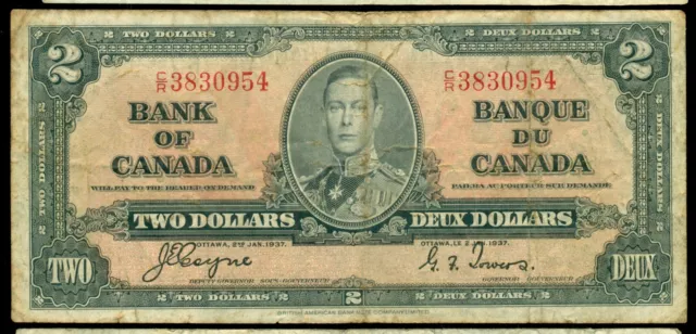 1937 King George VI, BC-22c, Bank of Canada $2, Coyne/Towers, C/R   P82