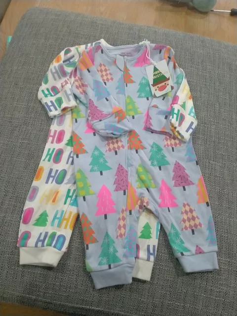 NEXT Baby Girls 2 Pack Zip Up Christmas Sleepsuits Rompers 0-3 Months BNWT ❤️