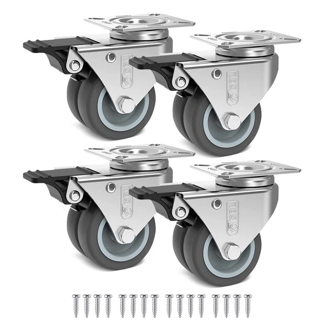 GBL Heavy Duty Castor Wheels with 4 Brakes + Screws - 50mm up to 200KG - Pack of