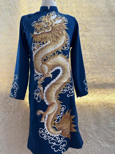 Blue Ao Dai for men, Vietnamese Tafta Long Dress for men, No pants G2