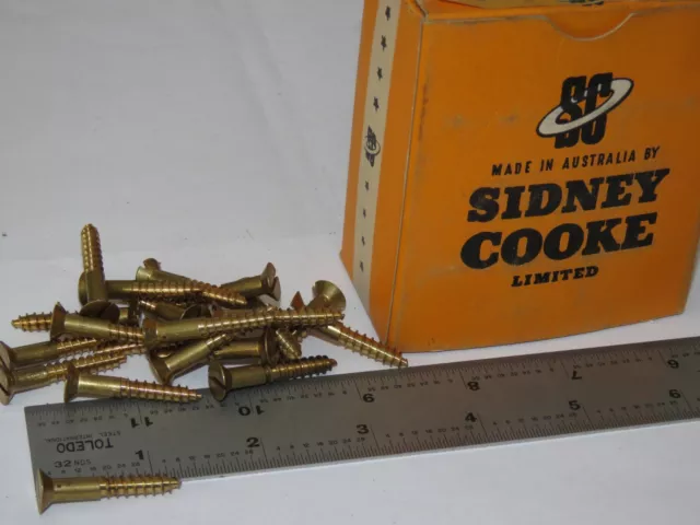 1.25" x 10g Solid Brass Countersunk Wood Screws Slot Qty 20 Sidney Cooke Aus NOS