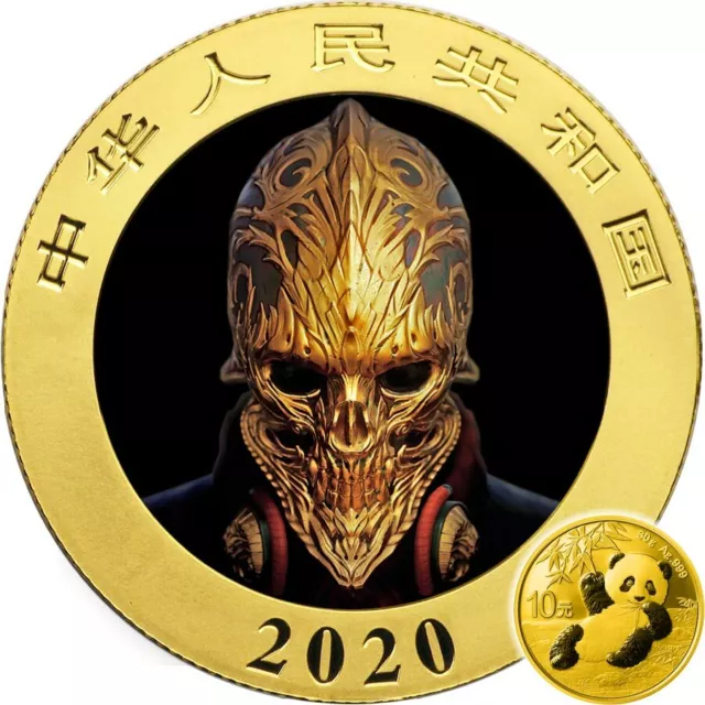 China PANDA GOLD MASK CHINESE HERITAGE 1600 BC ¥10 Yuan 2020 Silver coin 30 gr F