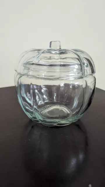 Vintage Clear Glass Anchor  Hocking Pumpkin Shaped Cookie / Candy Jar With Lid