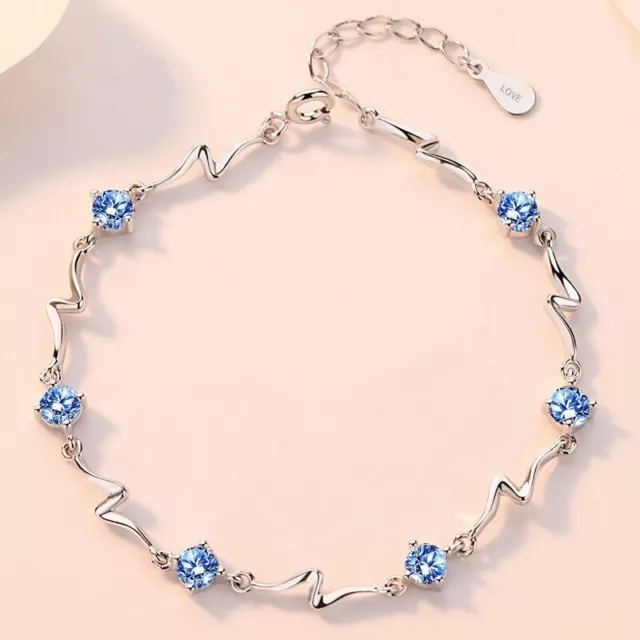 925 Sterling Silver Crystal Stone Linked Charm Bracelet Women Jewellery Gift UK