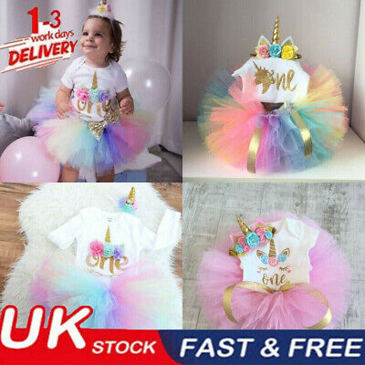 3PCS Baby Girl 1st Birthday Outfit Party Unicorn Romper Cake Smash Tutu Dress