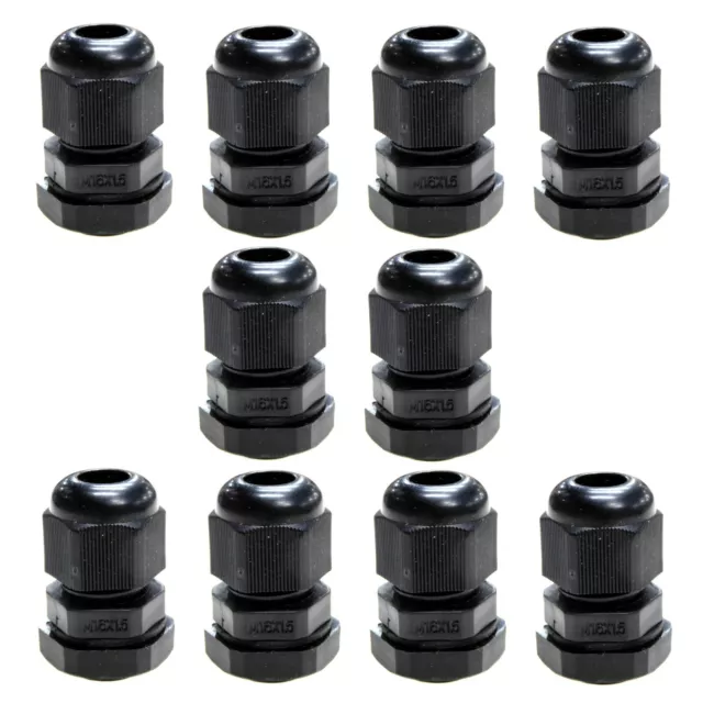 10 x Black 16mm Waterproof TRS Cable Gland Stuffing IP68 Locknut & Washer M16