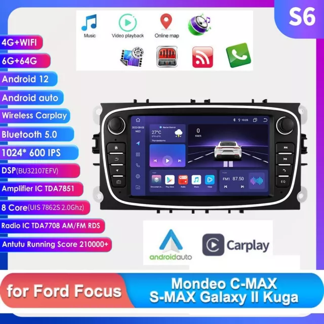Für Ford Focus Mondeo MK4 C/S-Max Autoradio Android 12 GPS Navi DSP CarPlay 64GB