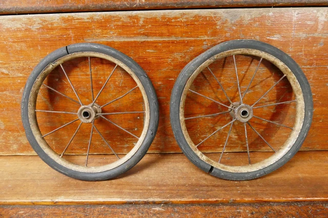 2 PRIMITIVE METAL SPOKE WHEEL 10” w/ HARD RUBBER Old Wagon Cart Buggy Pedal Car