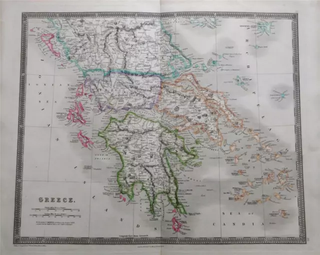 Fine 1844 Large Antique Teesdale / Dower Coloured Map Of Greece & Greek Islands