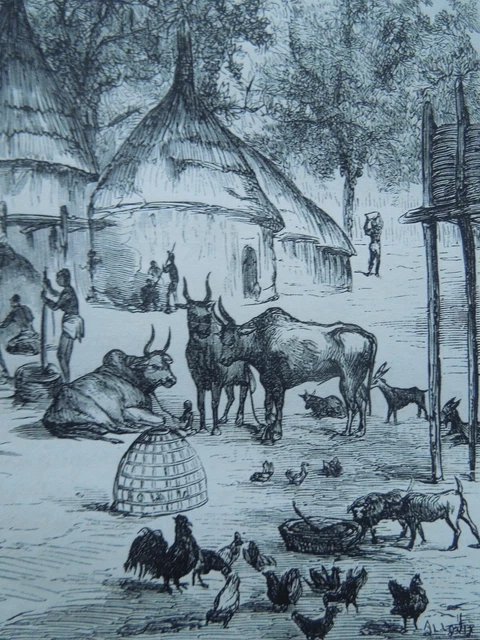 GRANDE LITHOGRAPHIE PAYSAGE ferme et port estampe ancienne grand format