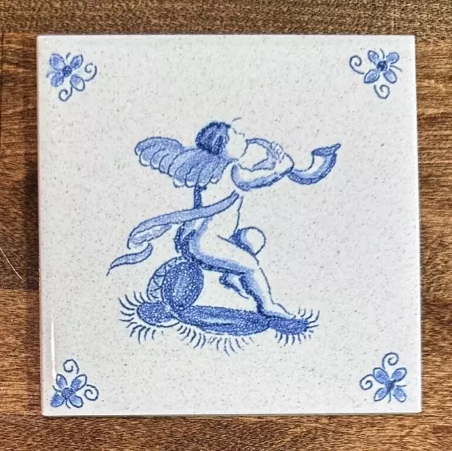 Vintage Zenith Dutch Blue & White 4.25" Tile - Cherub With Horn (002)