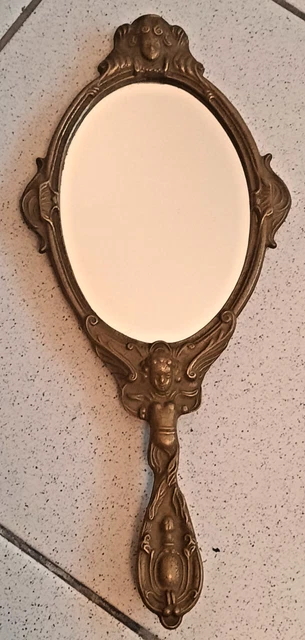 Ancien Miroir à Main En Bois, Cadre Ovale, Bois Patiné, Miroir De Coiffeuse
